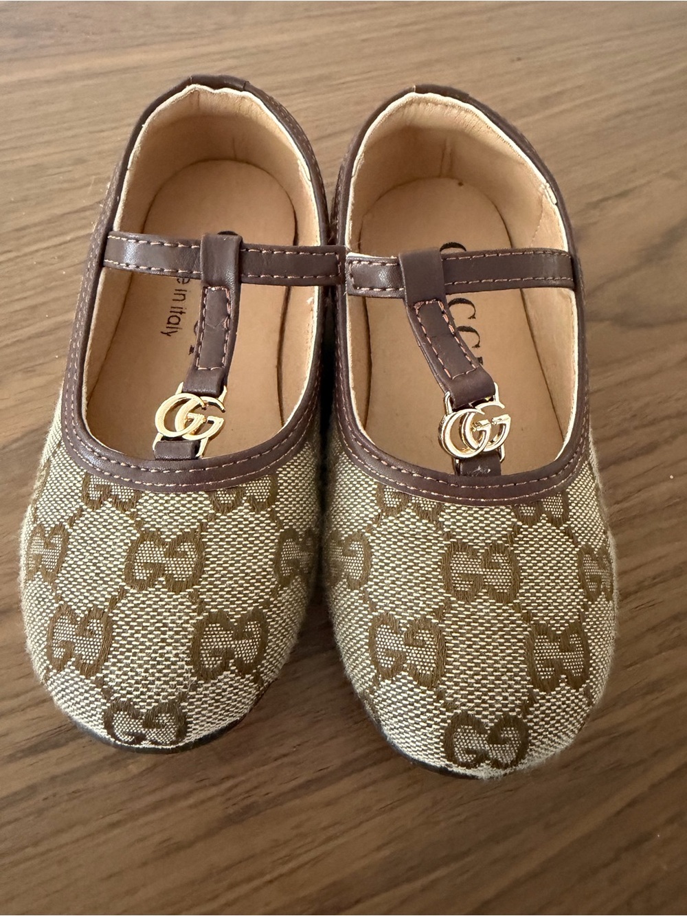 Gucci Brown Monogram T-Strap Kids Mary Jane Shoes